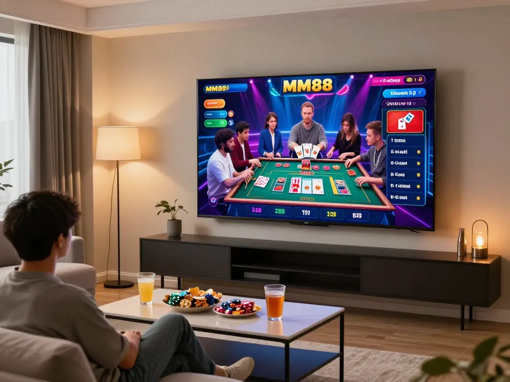 Engaging online gameplay on MM88 in a cozy living room, showcasing snacks and warm ambiance.
