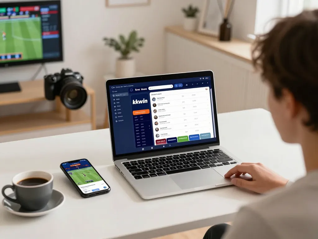 Person strategically placing bets using the kkwin betting app on a laptop in a cozy home office.