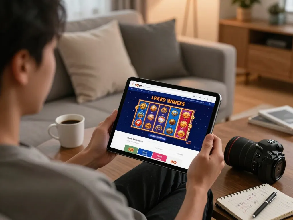 Using 99win đăng nhập to access online gambling platform on a tablet in a cozy living room setting.
