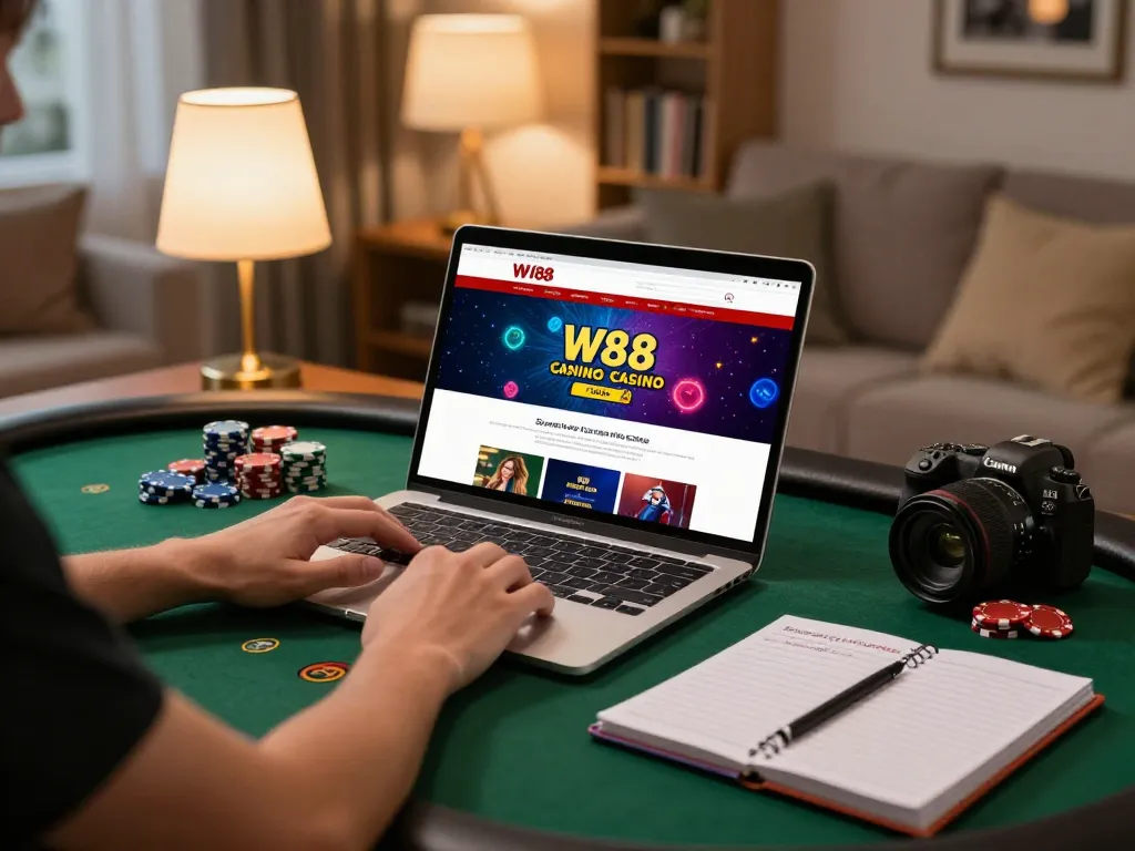 Playing at W88 online casino on a laptop, with poker chips and strategy notes in cozy home setting.