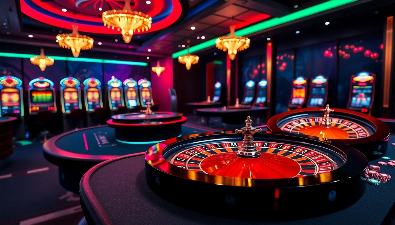 Nohu90 đăng nhập on a vibrant online gambling interface with casino tables, roulette wheels, and poker chips.