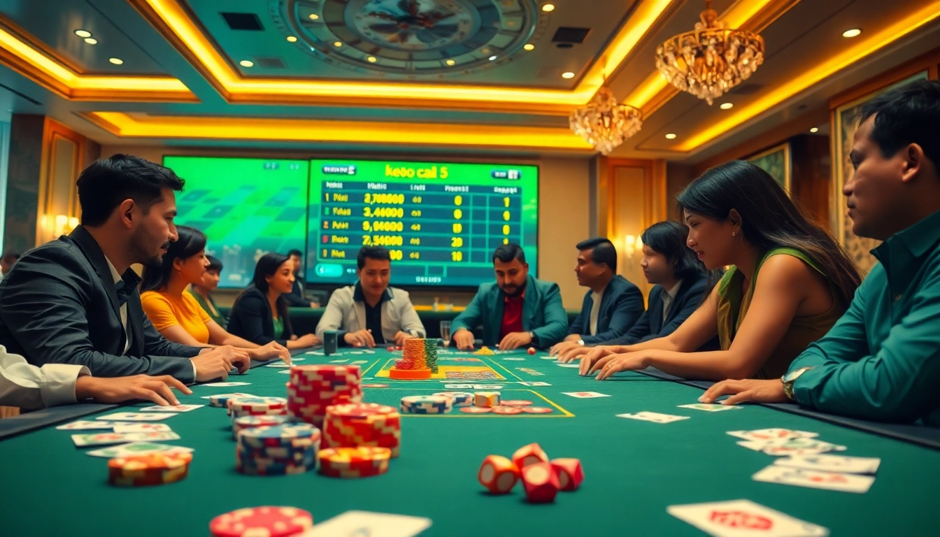 Engaging scene of players betting on keo nha cai 5 at a colorful casino table.