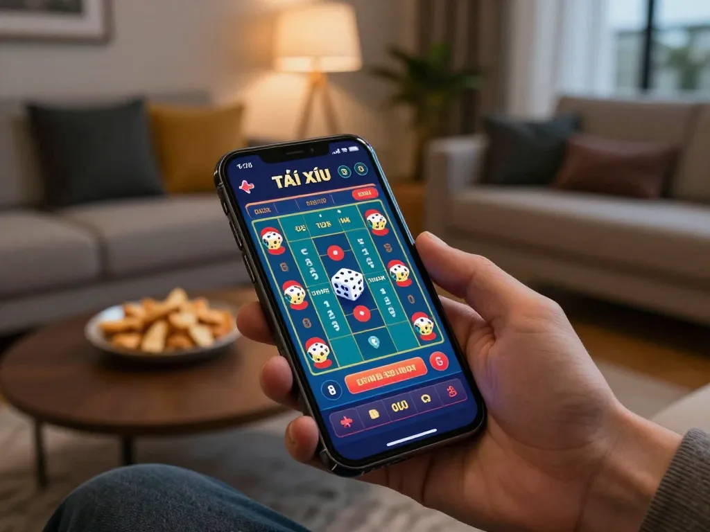 Taking part in Tài Xỉu online action on a smartphone in a cozy home setting while enjoying snacks
