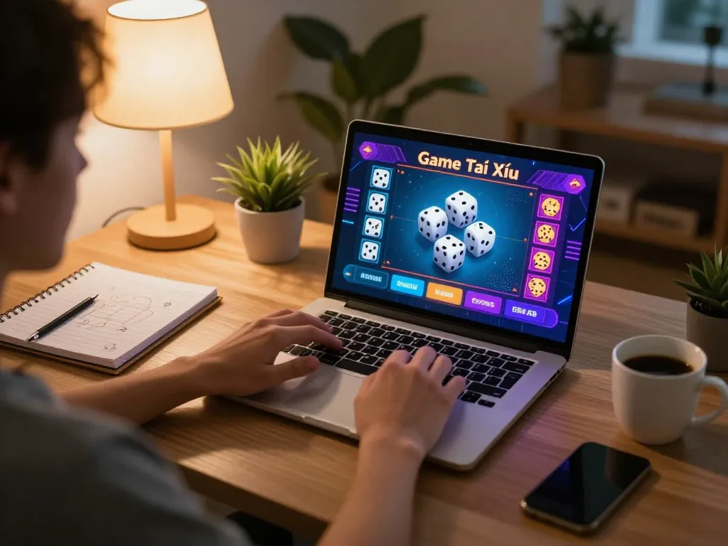 Engaging in Game Tài Xỉu on a laptop while taking notes in a cozy home office