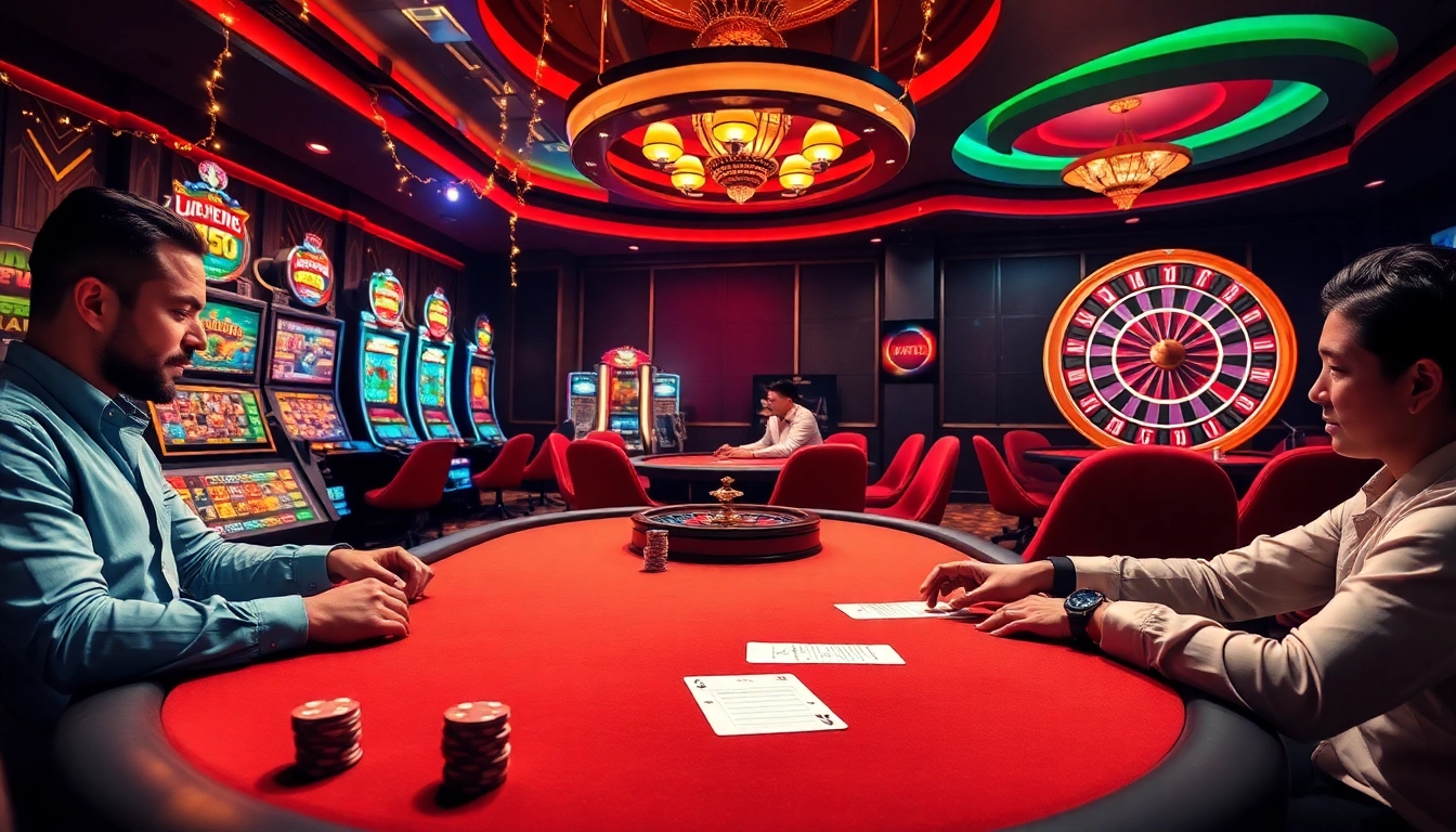 Experience a thrilling casino atmosphere with action at https://xx88.promo/ featuring poker tables and vibrant slot machines.