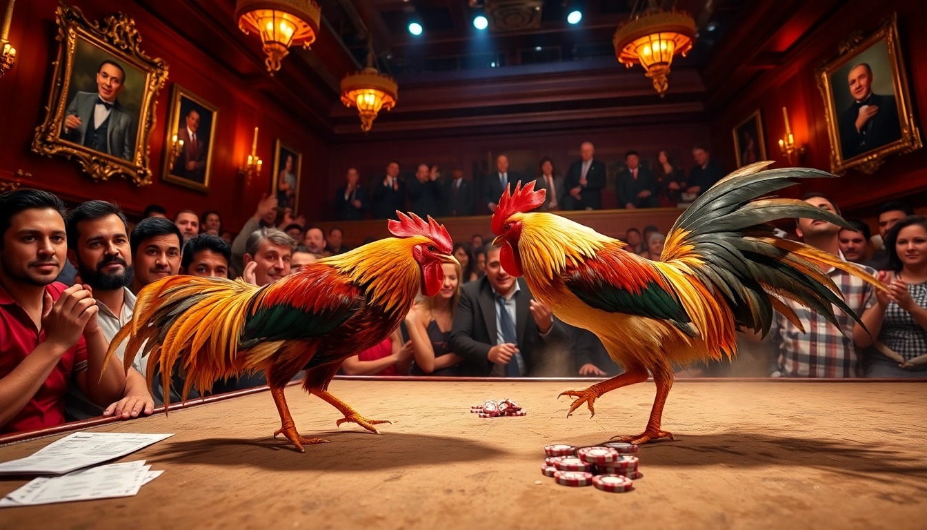 Exciting ĐÁ GÀ CỰA DAO match in a luxurious cockfighting arena with spectators.