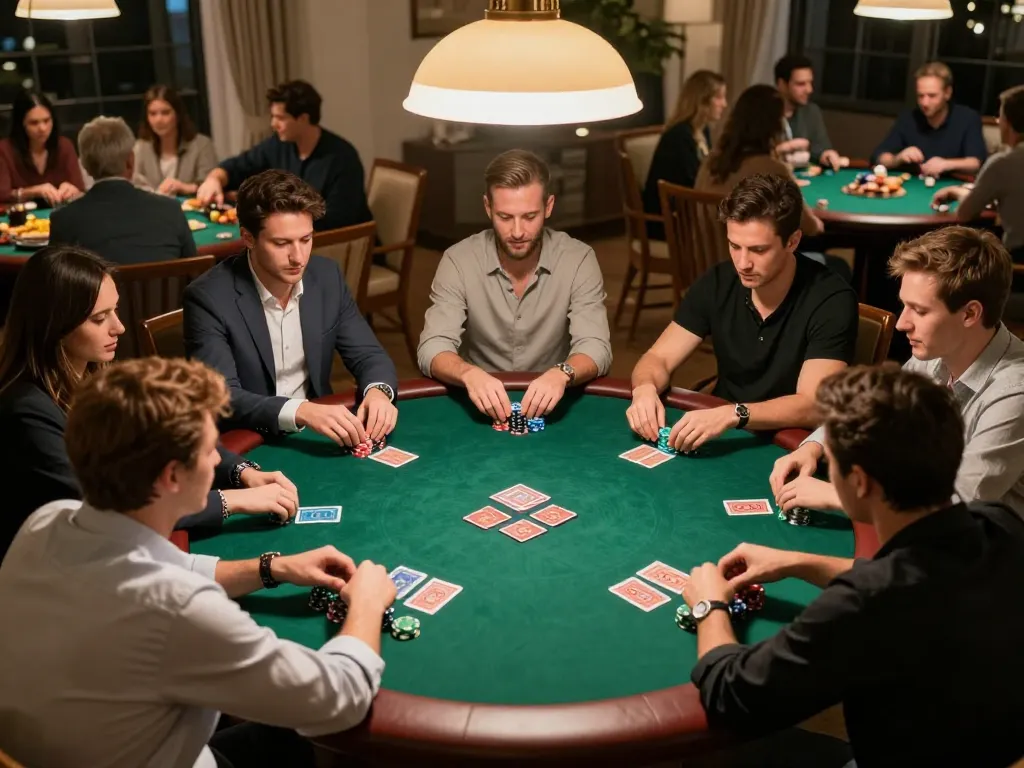 Competitors playing poker at home under warm lighting, showcasing go8 gaming strategies.