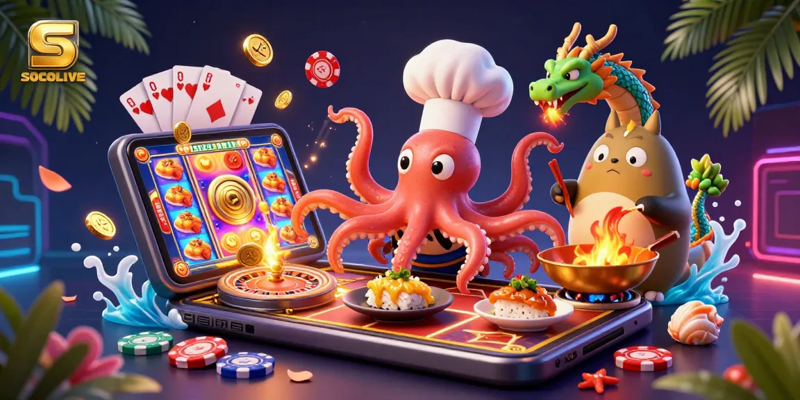 SOCOLIVE showcases a lively 3D scene featuring an octopus chef with a dragon companion, surrounded by vibrant casino elements.