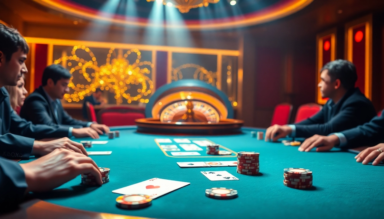 Players engaging in strategic poker gameplay at XX 88 casino table, showcasing intense focus and excitement.