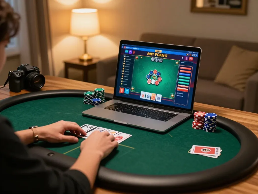 Engaging online poker gameplay at home with DU88 strategy notes visible on the table.