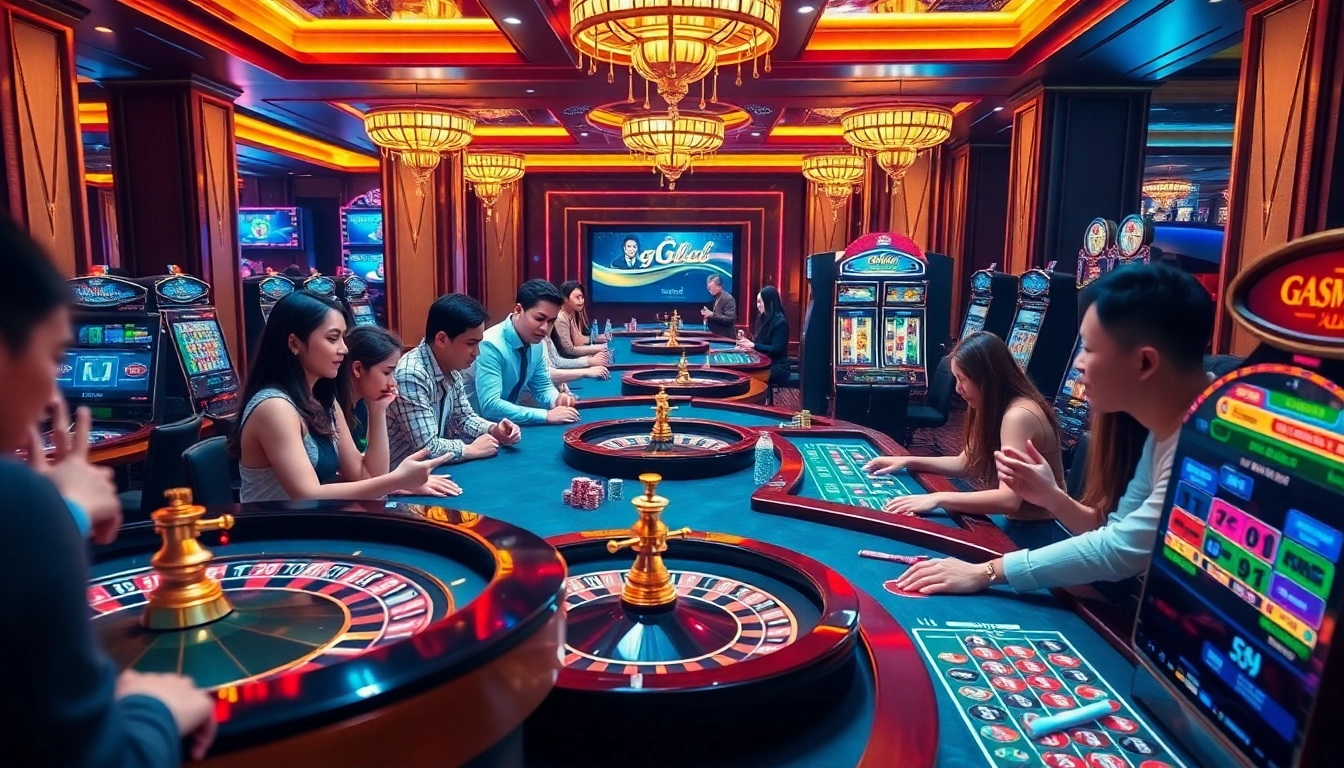 Excited players engage with slot machines and roulette at gg88vn asia online casino.