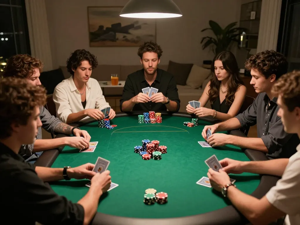 Players strategizing in an intense onbet poker game during a lively home game night