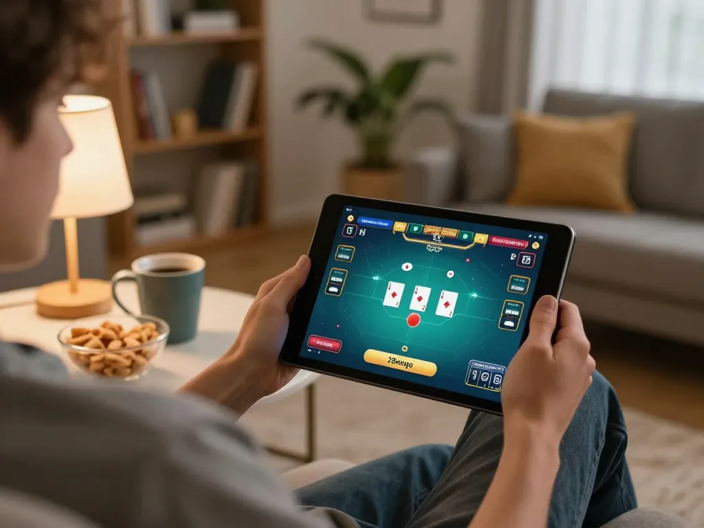 Engaging online poker gameplay at home using 78wingo's casino app with friends chatting nearby.