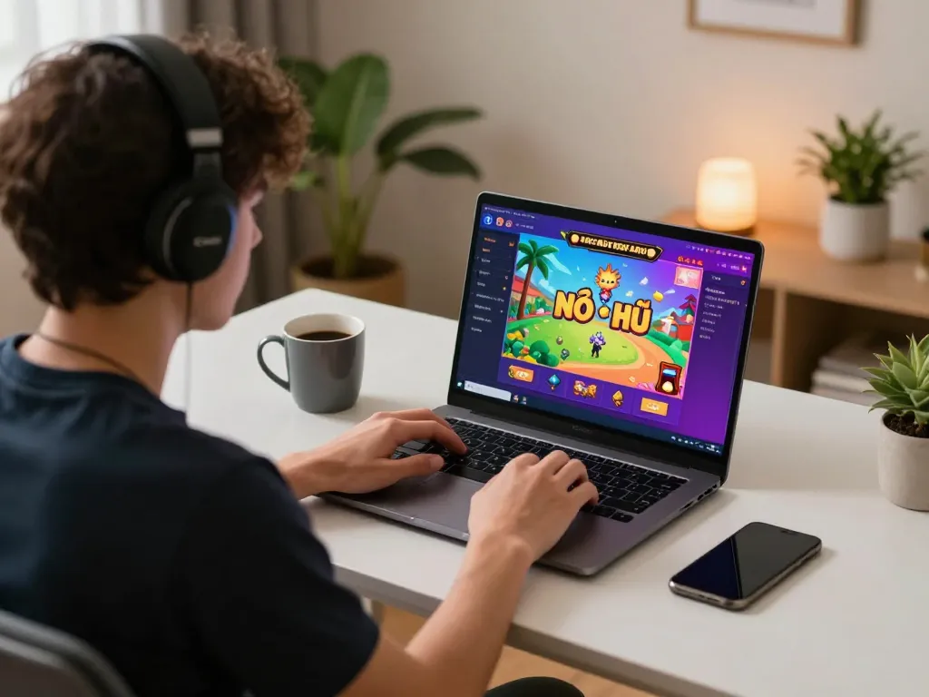 Nổ Hũ gameplay on a laptop showing vibrant graphics, cozy gaming atmosphere at home