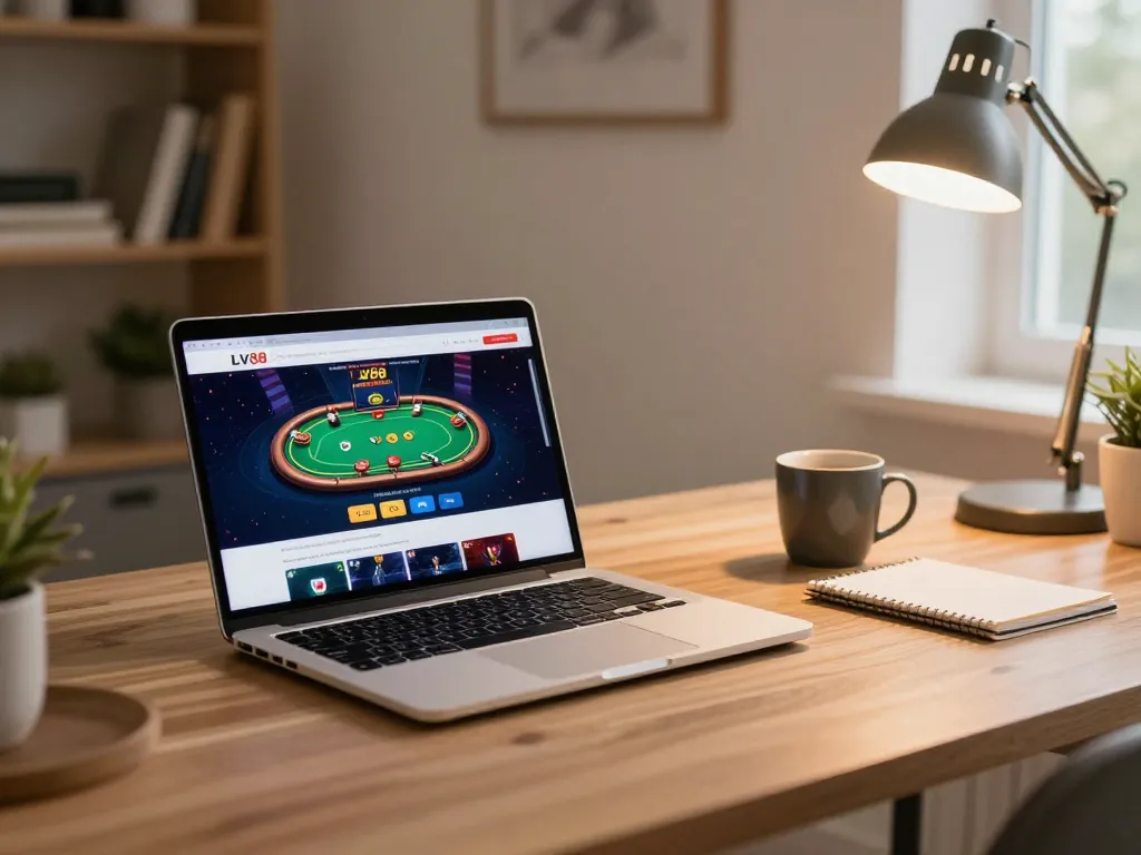 Engaging home gaming session at LV88 with poker gameplay displayed on a laptop