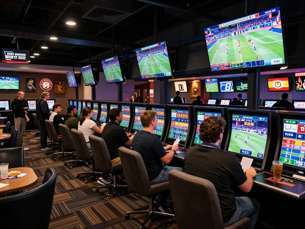 Engaged bettors enjoying the excitement of sports betting at https://kjc365.com/, with live events displayed on multiple screens