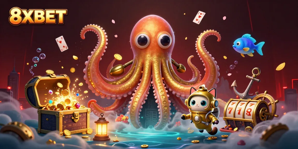 Experience thrilling gameplay at 8XBET featuring a kraken, diving cat, and slot reels!