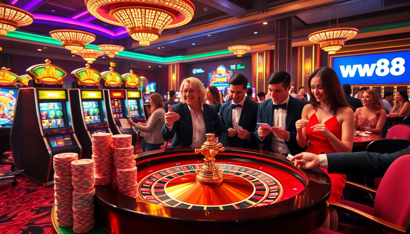 Excited players engaging at the luxurious ww88 casino table with colorful slot machines.