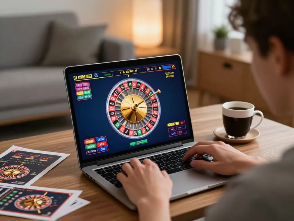 Engaging in online roulette action at https://fc88.zone with a player focused on their laptop in a cozy setting.