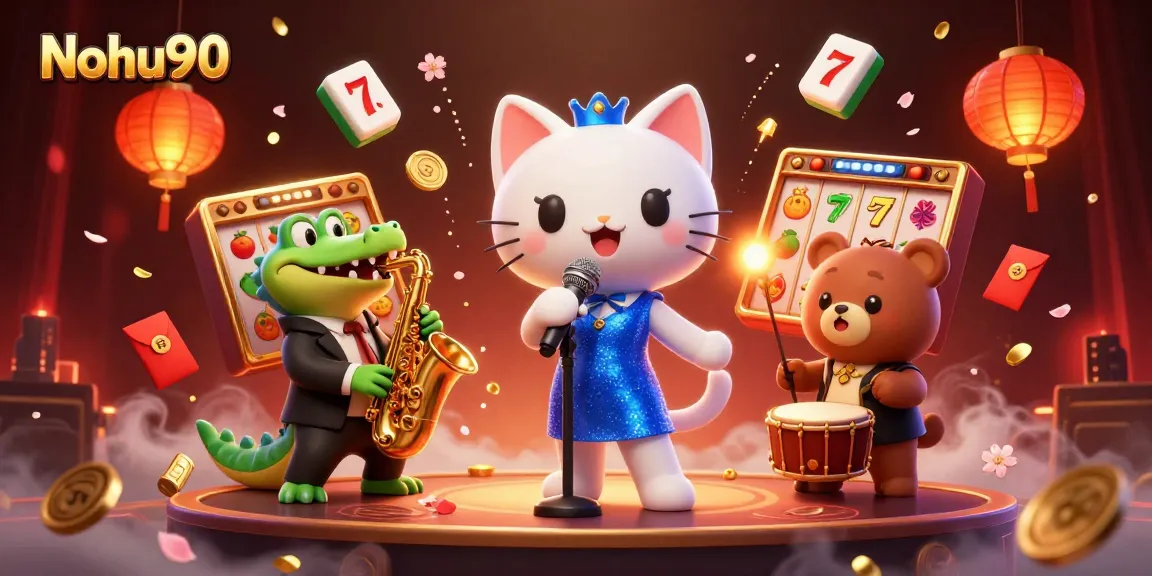 Nohu90 entertains with vibrant casino character scene featuring a jazzy cat and lucky slots