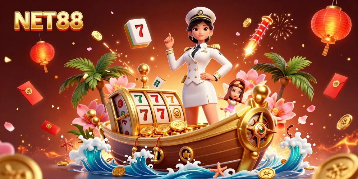 Engage with NET88's vibrant casino scene, featuring a commanding figure amidst slot reels and festive elements.