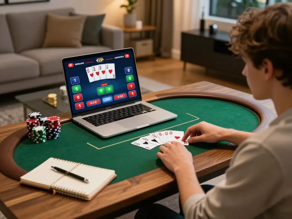 MM88 player engaged in online poker strategy at home, focusing on game interface.