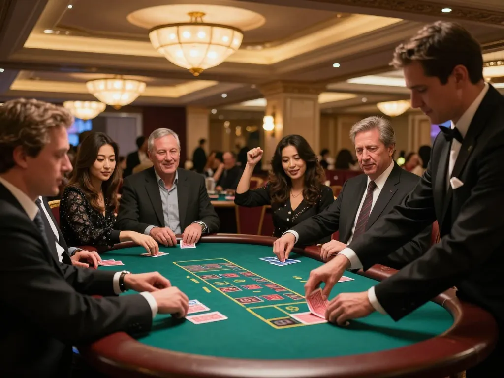 Players engage in an exciting blackjack game at HAY88x casino floor, celebrating wins and enjoying the vibrant atmosphere.