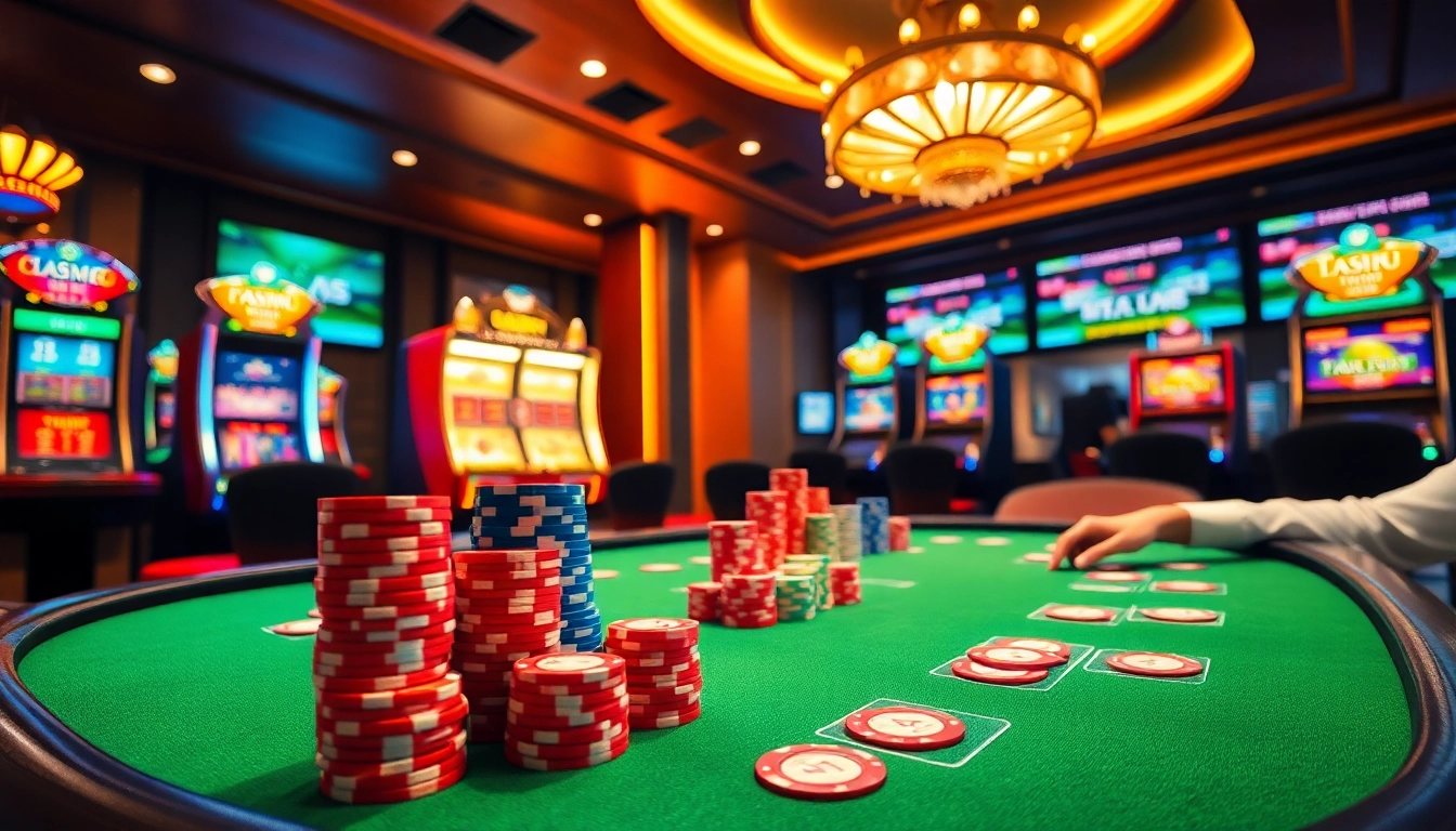 Experience the thrill of gambling at trang chủ 9bet, showcasing a luxurious casino environment with poker tables and vibrant slot machines.