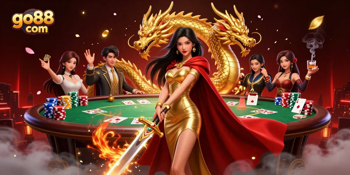 Experience the thrill of gaming with go88 com, a captivating scene featuring a warrior queen and a vibrant poker setting.