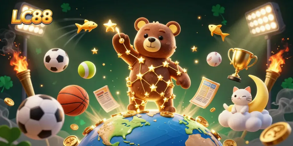 LC88 thematic 3D illustration showcasing a constellation bear and sports elements in a dynamic gaming atmosphere.