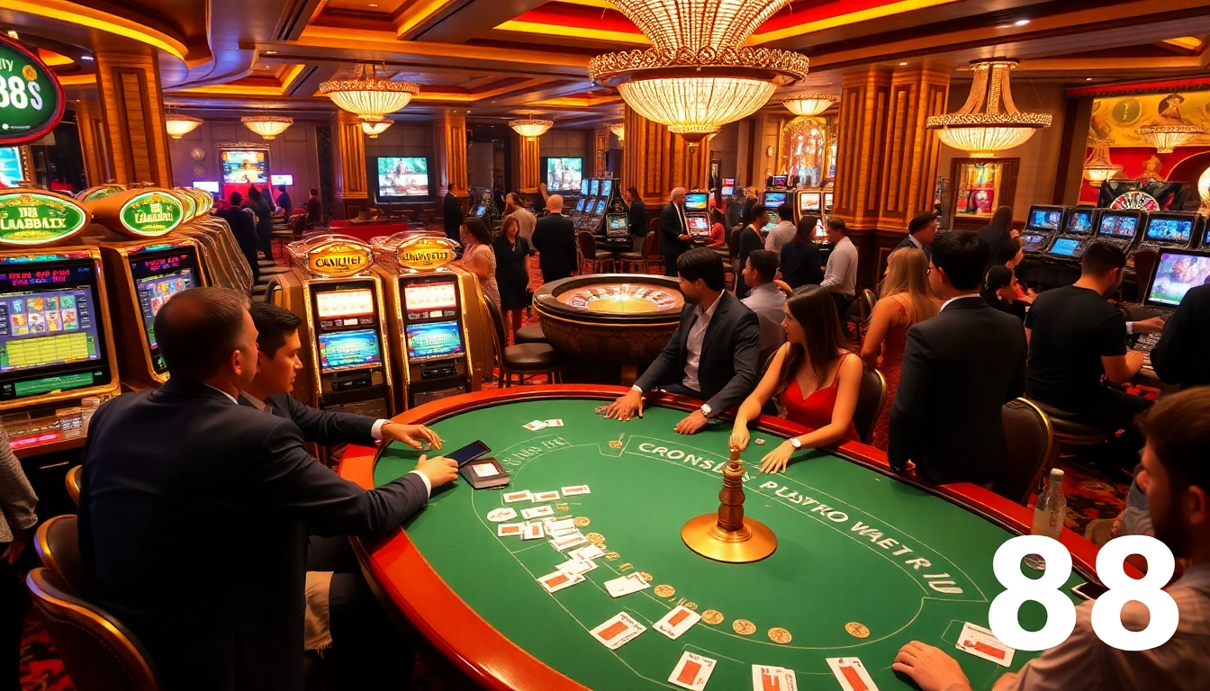 Experience the thrill of fly 88 at an upscale casino with vibrant poker tables and illuminated slot machines.