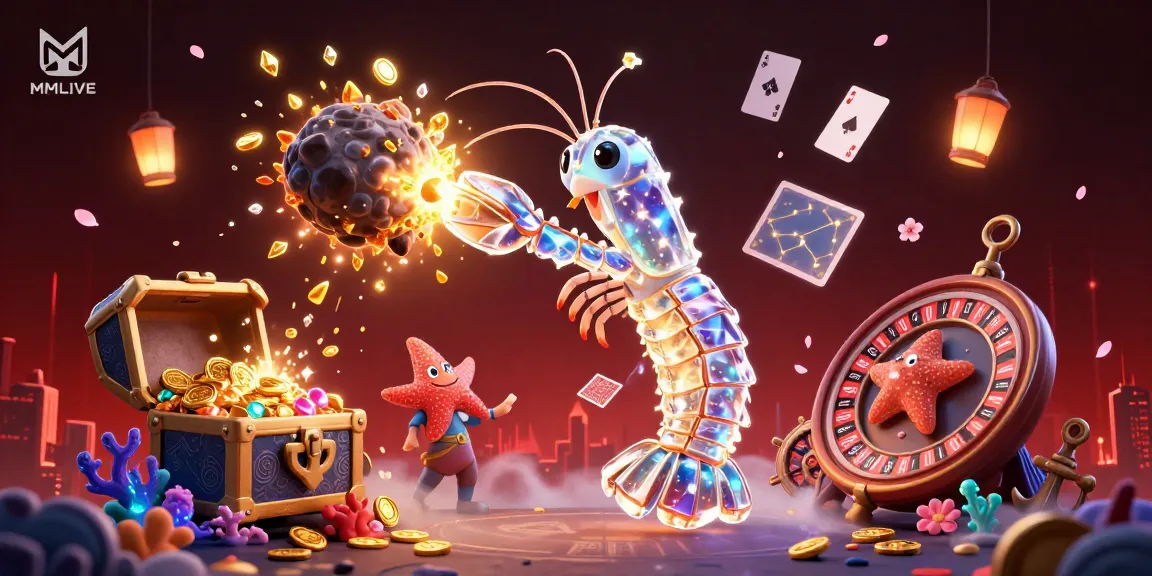 MMLIVE showcases a vibrant gambling scene with a mantis shrimp battling an asteroid, surrounded by casino elements.