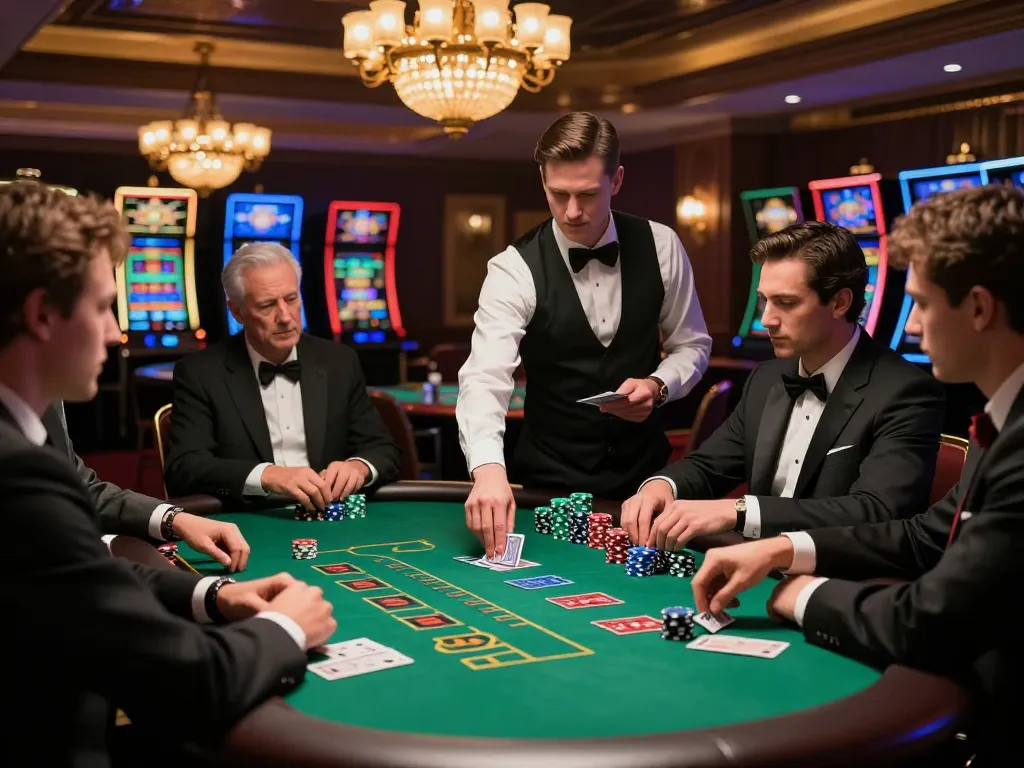 Engaged players at the blackjack table in a luxurious setting, featuring the energetic atmosphere of trang chủ nk88 gaming.