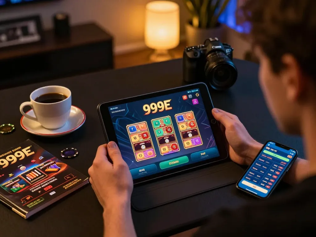 Engaged player using the 999E app for online casino gaming on a tablet in a cozy setting