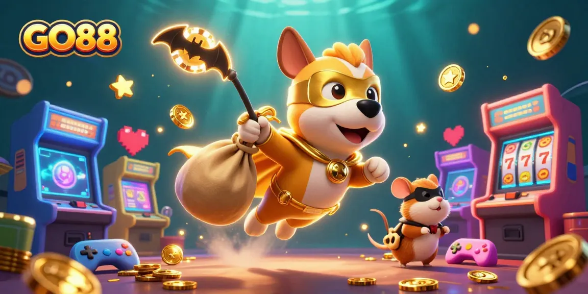 Experience the thrill of GO88 casino games with a dynamic and colorful illustration featuring superheroes and gaming elements.