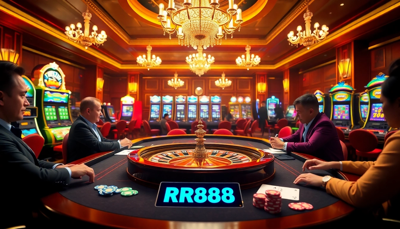 Engage in betting excitement at https://rr88c.pro/ with a vibrant casino scene featuring roulette and poker.