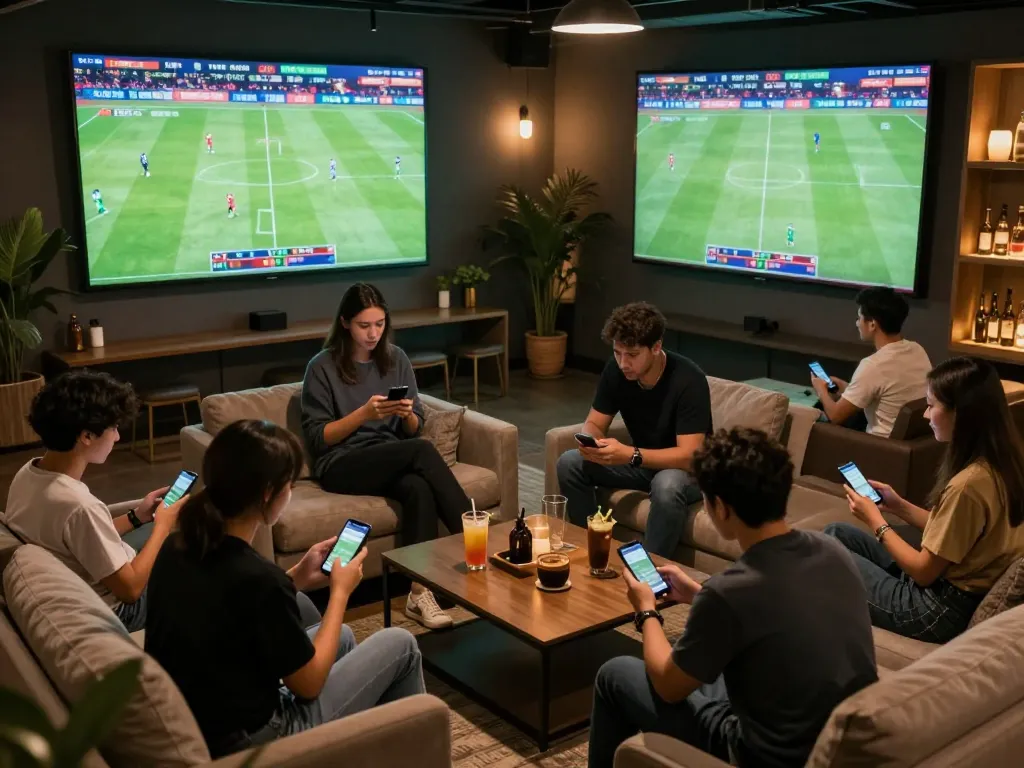 Engaged bettors discussing nhận định bóng đá strategies while enjoying the live action of soccer matches