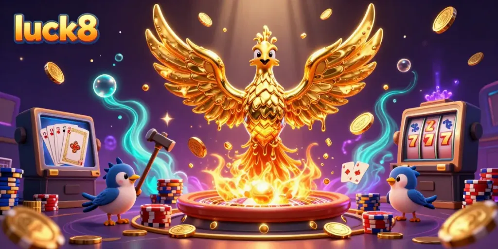 Experience thrilling excitement with luck8 in this vibrant 3D casino illustration featuring a golden phoenix!