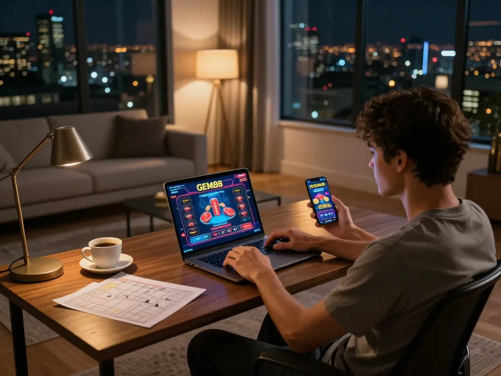 Engaging online gameplay on GEM88 platform from a cozy home desk, highlighting the player's strategy and comfort.