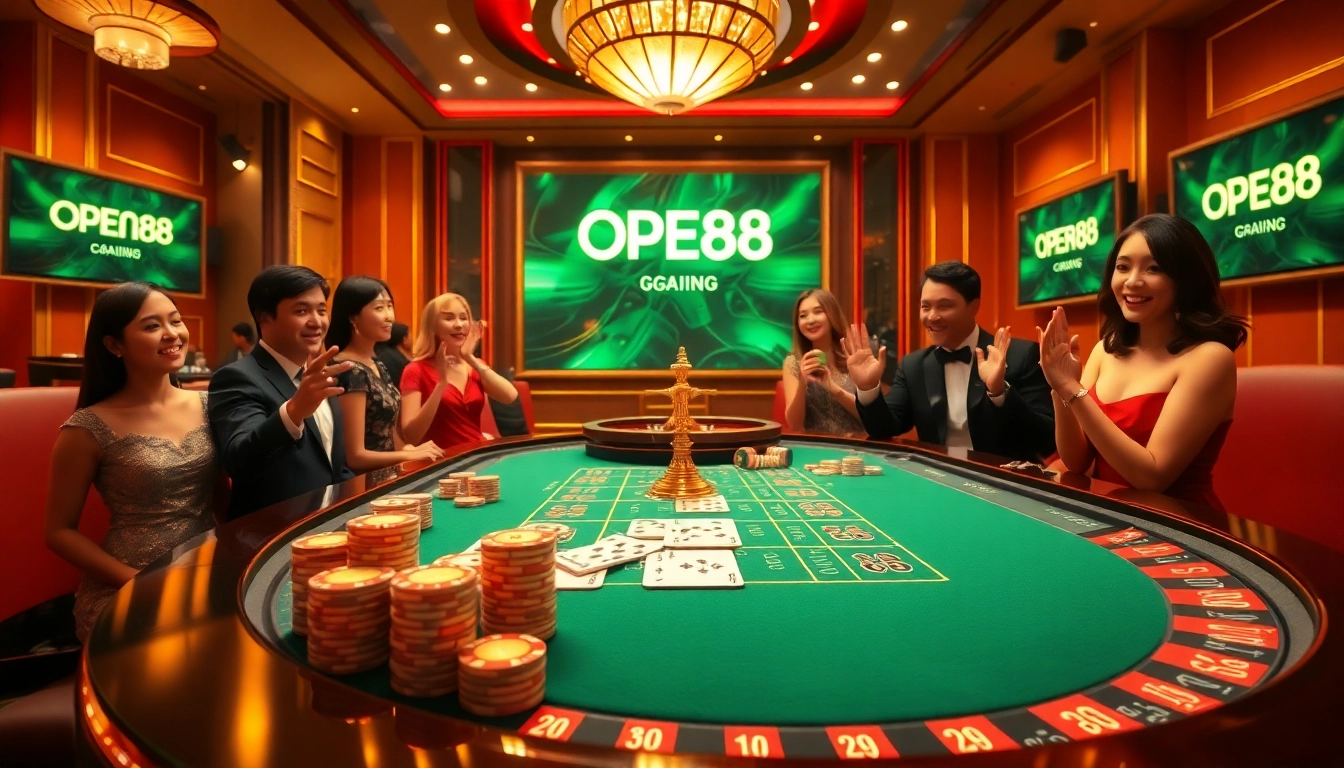 Experience the thrill of gambling at trang chủ OPEN88 with an exciting casino scene showcasing poker, roulette, and vibrant players.