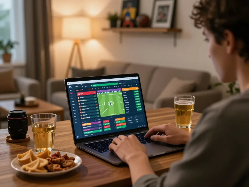may88 players strategizing sports bets on laptop in a cozy home environment