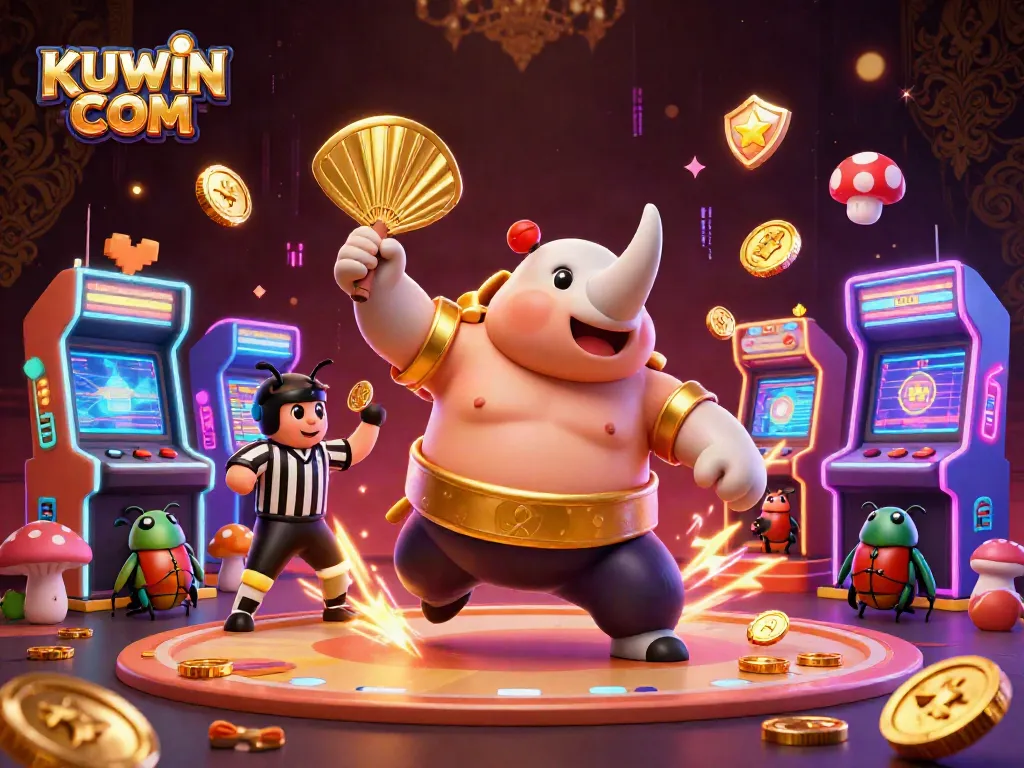 Excite with gold coins flying from the KUWIN COM champion beetle, thrilling casino experience illustrated.