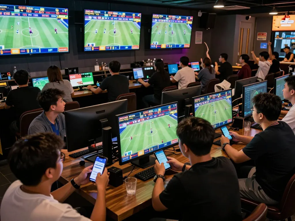 Engaging sports betting action showing keonhacai insights with fans using mobile apps and screens.