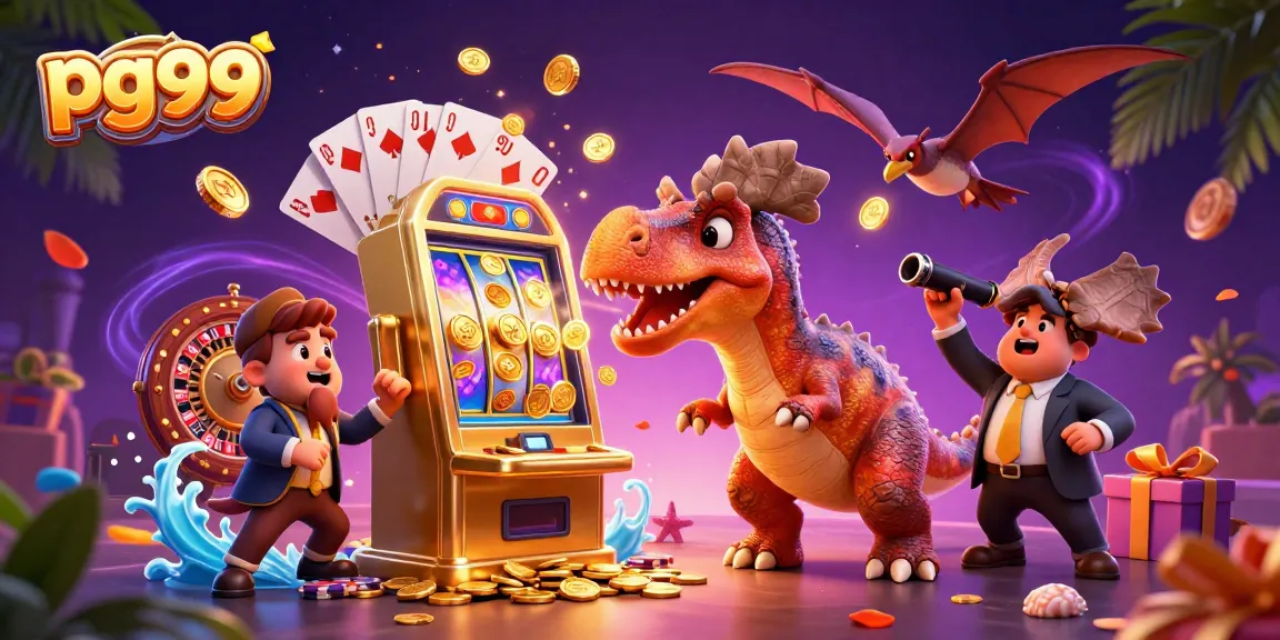 pg99 vibrant casino scene with a dinosaur, jackpot machine, and coins flying everywhere