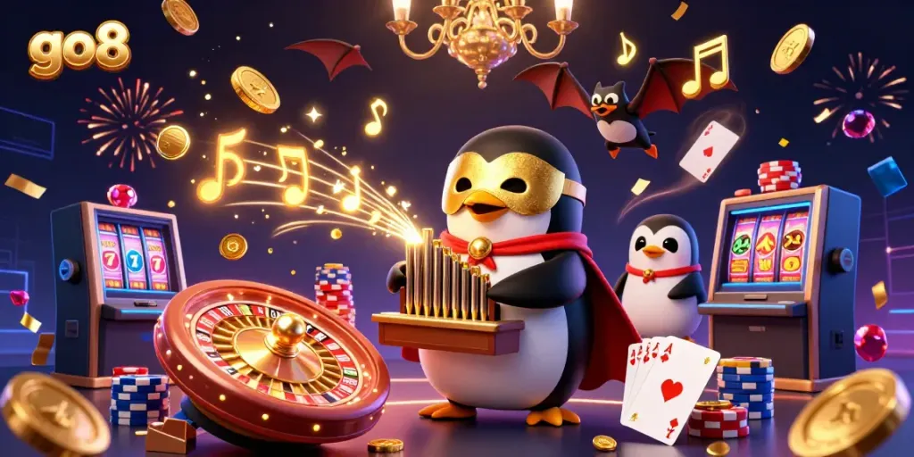 Experience excitement at go8 with a vibrant 3D casino scene featuring a majestic penguin, exhilarating slots, and flowing coins.
