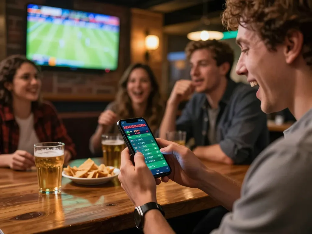 Engaging scene of sports betting at https://7m.us.com/ with a smartphone displaying live odds in a lively sports bar.