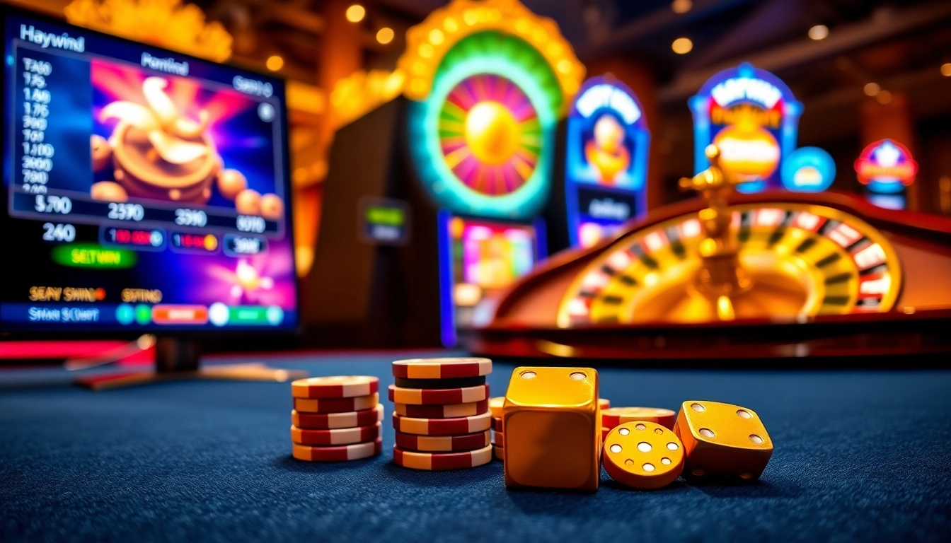 Experience thrilling gaming with Haywin's vibrant casino atmosphere, featuring poker chips and roulette.