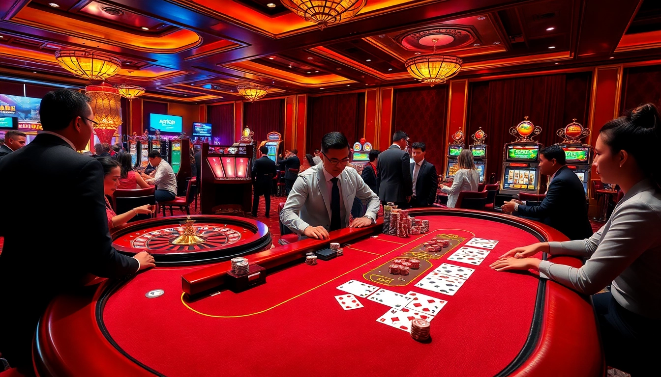 Experience the excitement of gambling at aa88 with a vibrant casino scene featuring poker tables and roulette wheels.