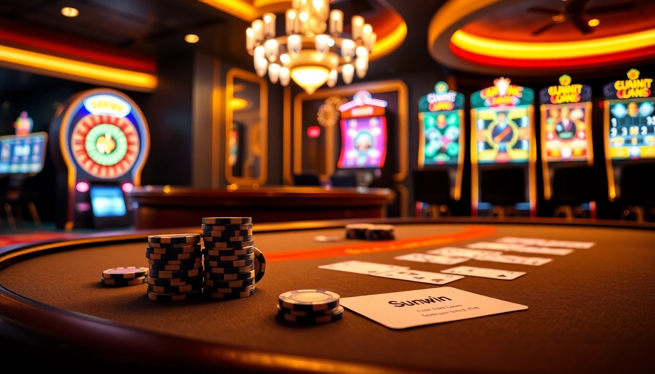 Experience thrilling casino action with sunwin.loans at a luxurious poker table, featuring vibrant chips and cards.