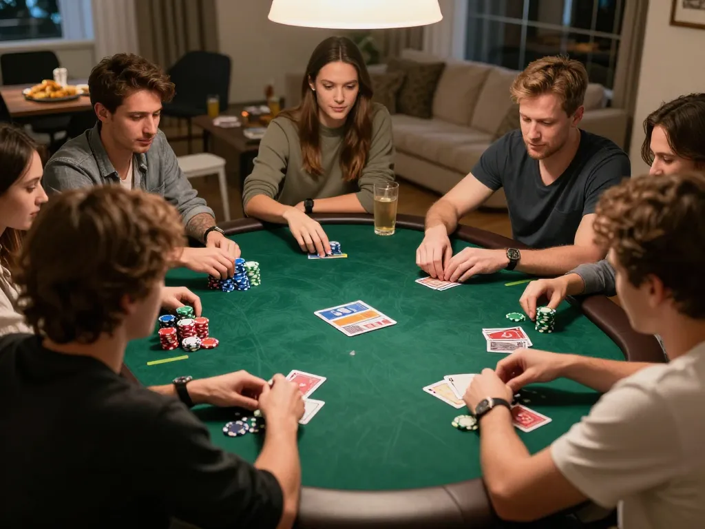 Engaging poker game night showcasing the thrills of da88 online with friends, cards and chips on table.